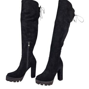 Isnom Black Suede Leather Chunky Lug Sole Over The Knee Tall Boot Women Size 9.5